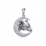 Wolf with Celtic Crescent Moon Silver Pendant