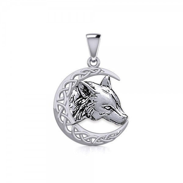 Wolf with Celtic Crescent Moon Silver Pendant