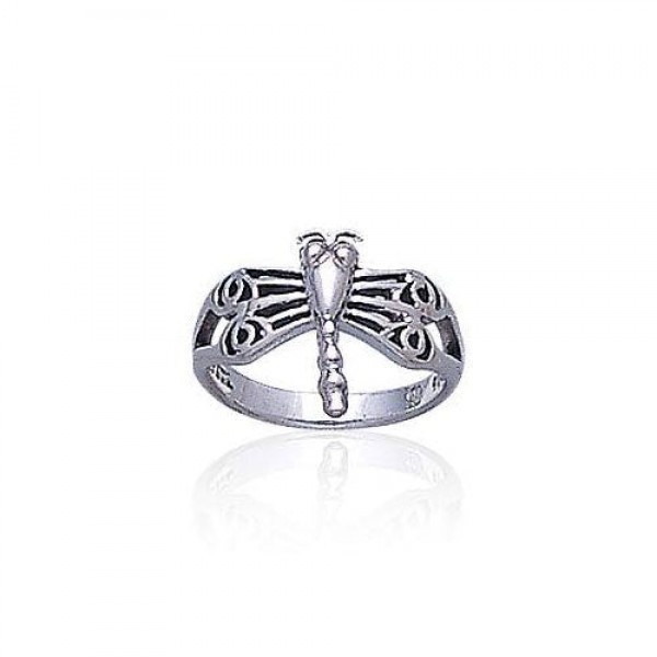 Dragonfly with Circles Silver Ring