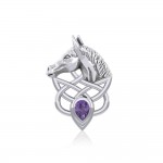 Silver Horsehead Knotwork Pendant with Gemstone