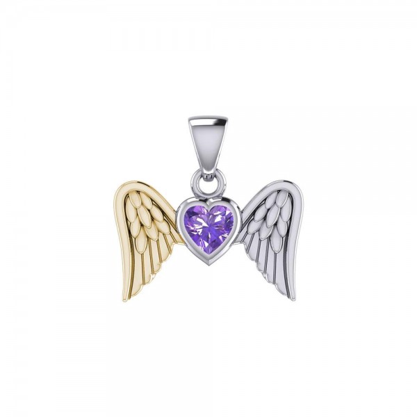 Gemstone Heart and Flying Angel Wings Silver and Gold Pendant