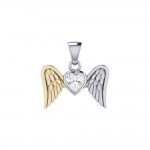 Gemstone Heart and Flying Angel Wings Silver and Gold Pendant