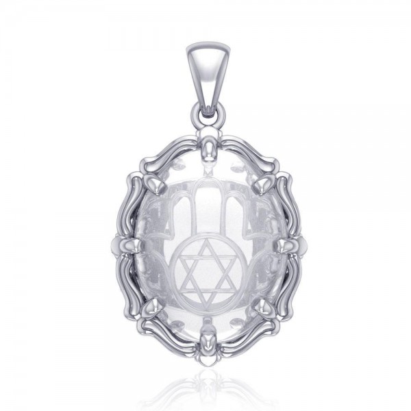 Hamsa Hand and Star of David Sterling Silver Pendant with Natural Clear Quartz