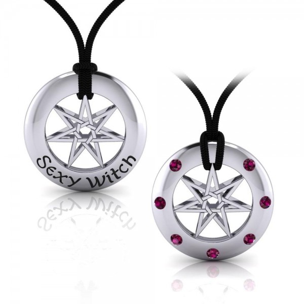 Sexy Witch Seven Pointed Star with Gemstones Silver Pendant Set