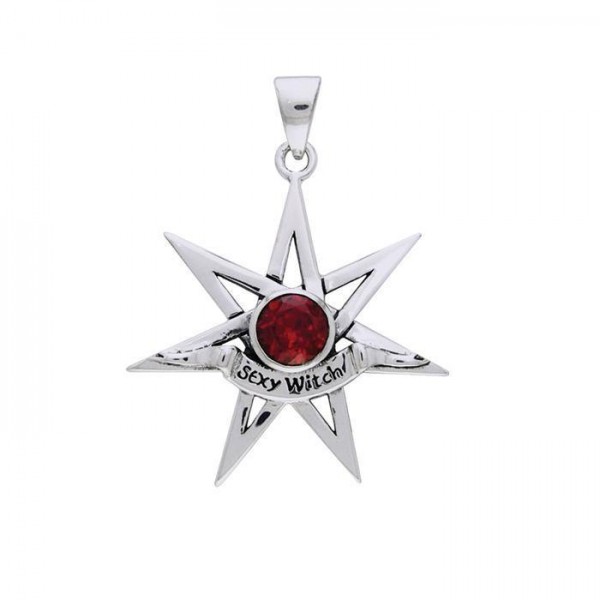 Sexy Witch Seven Pointed Star with Gemstone Silver Pendant