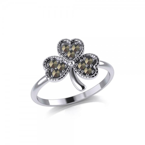 A young spring of luck and happiness Silver Celtic Shamrock Ring with Marcasite
