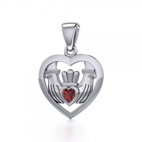 Claddagh in Heart Silver Pendant with Gemstone