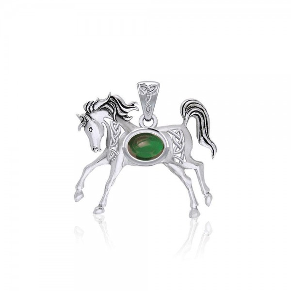 Celtic Running Horse Silver Pendant with Gem