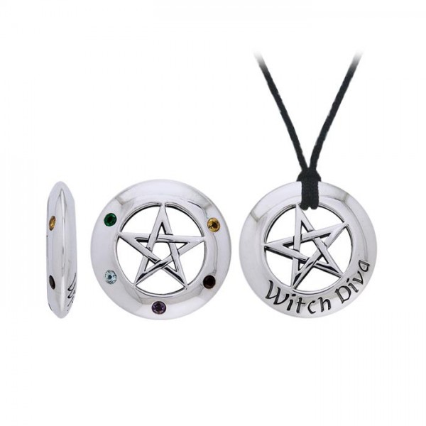 Witch Diva Pentacle with Gemstones Silver Pendant Set