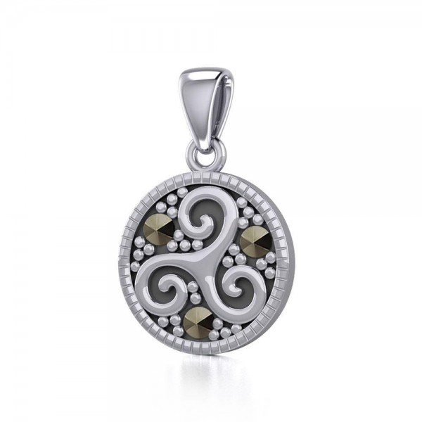 Celtic Spiral Triskele Silver Pendant with marcasite