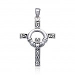Claddagh on Celtic Knotwork Cross Silver Pendant