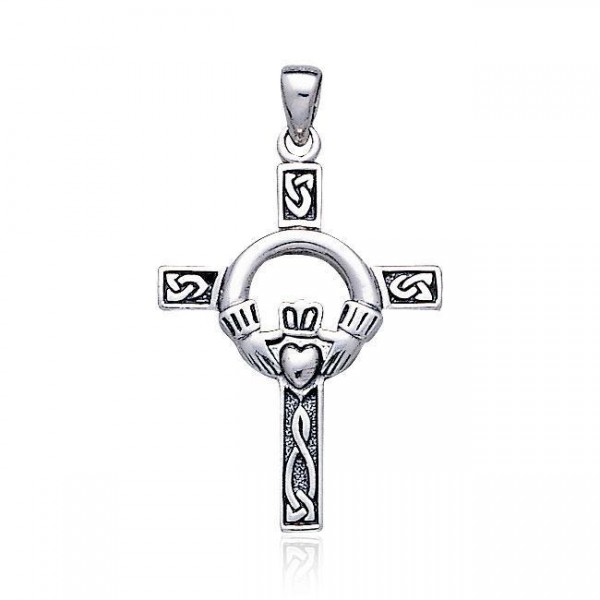 Claddagh sur pendentif en argent Celtic Knotwork Cross