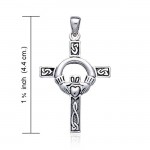 Claddagh on Celtic Knotwork Cross Silver Pendant