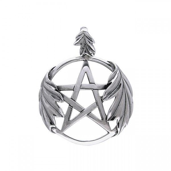 Silver Pentagram Pentacle Oak Leaves Pendant