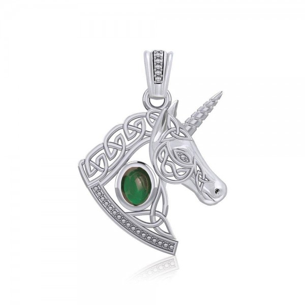 Celtic Unicorn Silver Pendant with Gem