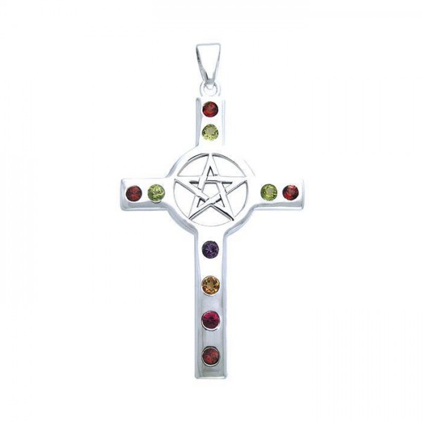 Pentacle In Multi Colored Cross Pendant