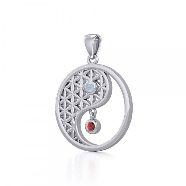 Yin Yang Flower of Life Silver Pendant with Gem