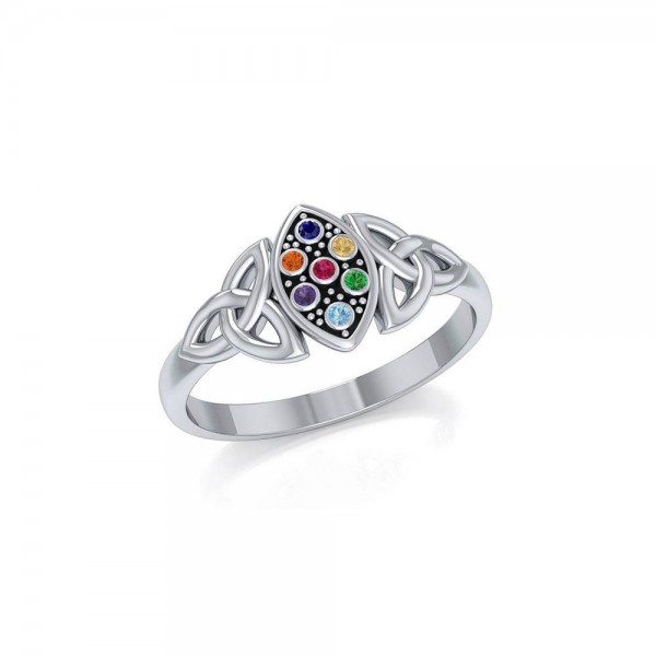 Live in the present moment ~ Celtic Knotwork Trinity Sterling Silver Ring with Chakra Gemstones