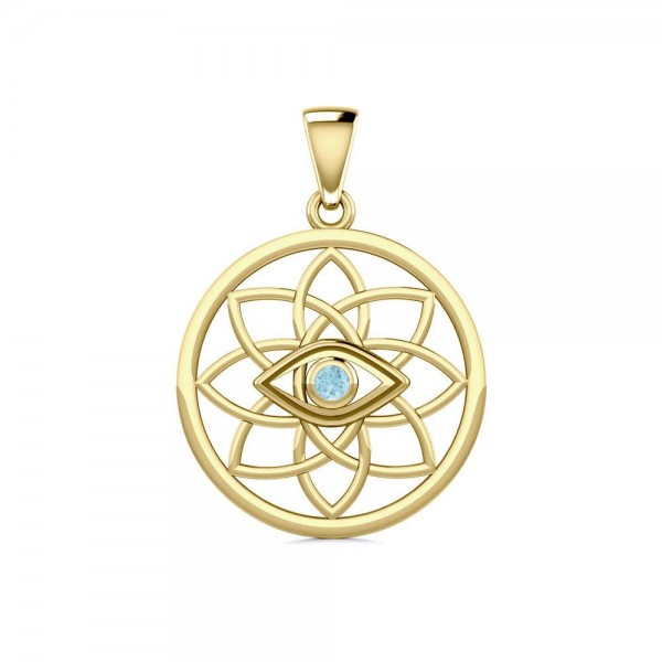 Flower of Life Eye Solid Gold Pendant with Gem