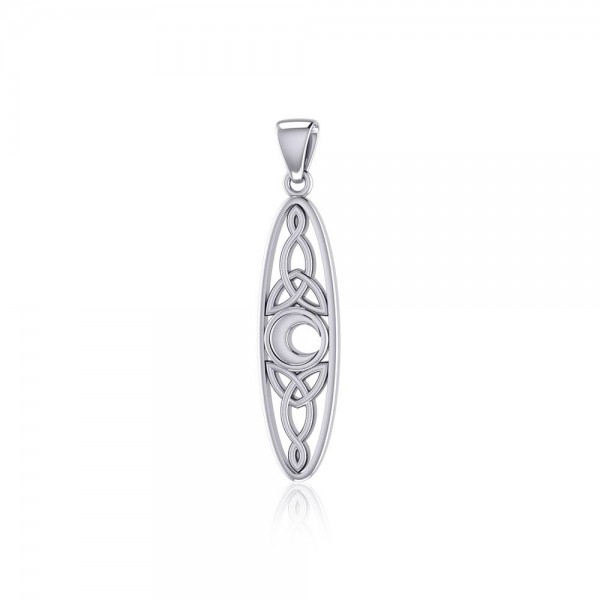 Celtic Trinity Knot and Crescent Moon in Oval Shape Silver Pendant