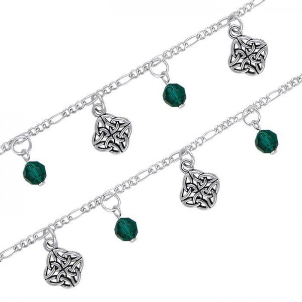 Celtic Knotwork and Emerald Glass in Sterling Silver Link Bracelet Jewelry