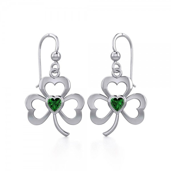 Silver Shamrock Earrings with Heart Gemstone
