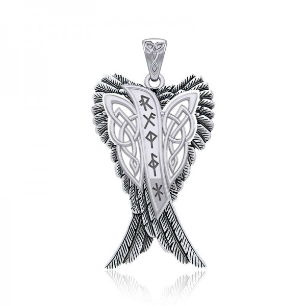 Celtic Angel Wings with Rune Symbols silver Pendant