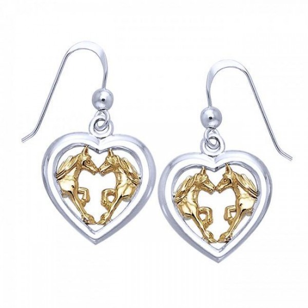 Friesian Horse Pair in Heart Silver & Gold Earrings