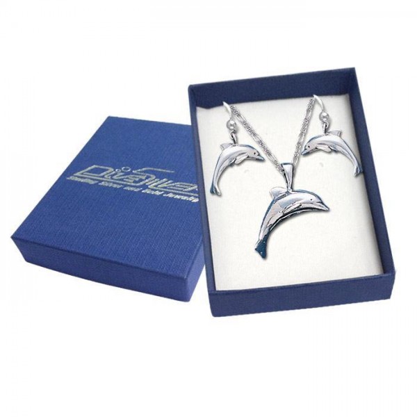 Dolphin Silver Pendant Earrings with Free Chain Jewelry Gift Box Set