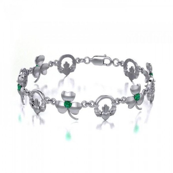 Irish Claddagh & Shamrock Silver Bracelet with Emerald Glass