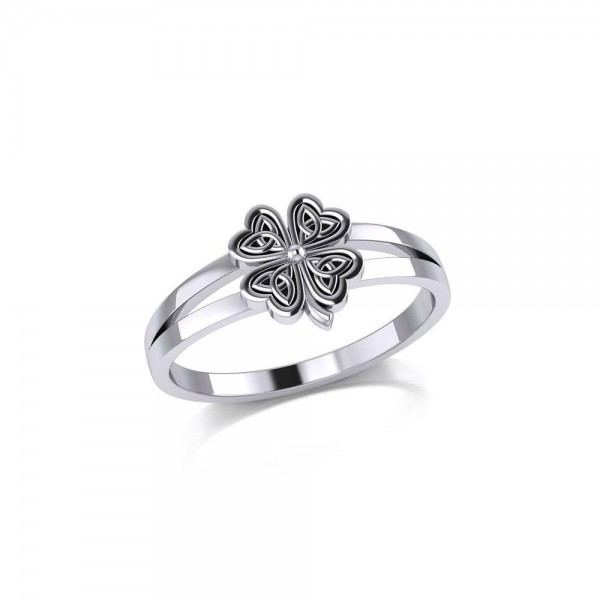 Lucky Celtic Four Leaf Clover Silver Ring