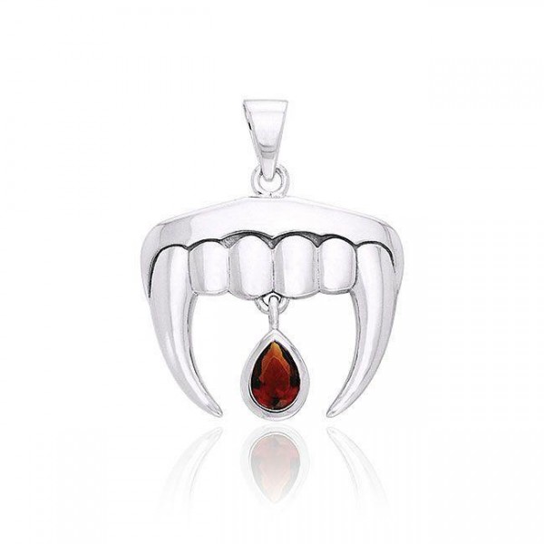 Vampire Teeth with Blood Drops Silver and Gem Pendant