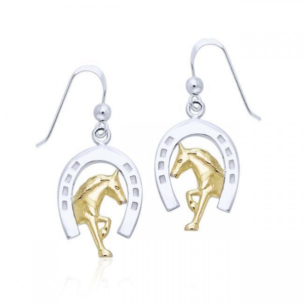 Declared strength and virtue of a Friesian Horse ~ Sterling Silver Horseshoe Hook Earrings Jewelry with 14k Gold Accent