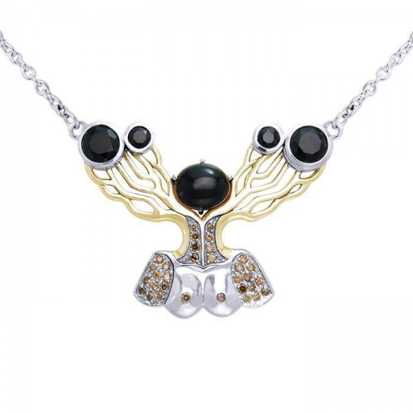 Un rappel impressionnant de l’art Dalibs ~ collier en argent sterling fin en superposition d’or 18 carats accentué de diamants bruns et de spinelles noirs