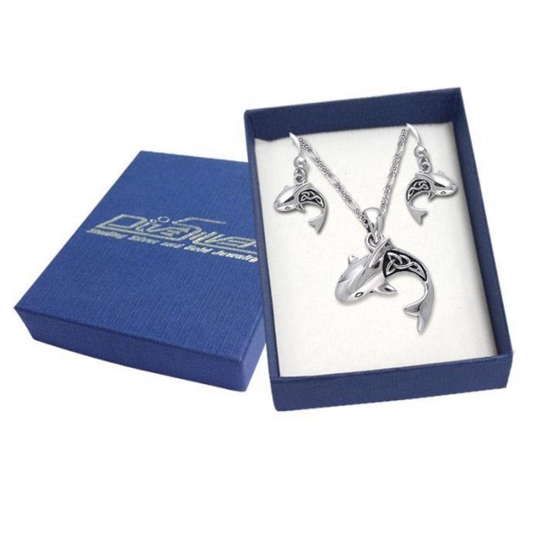 Sterling Silver Celtic Shark Pendant and Earrings Gift Box