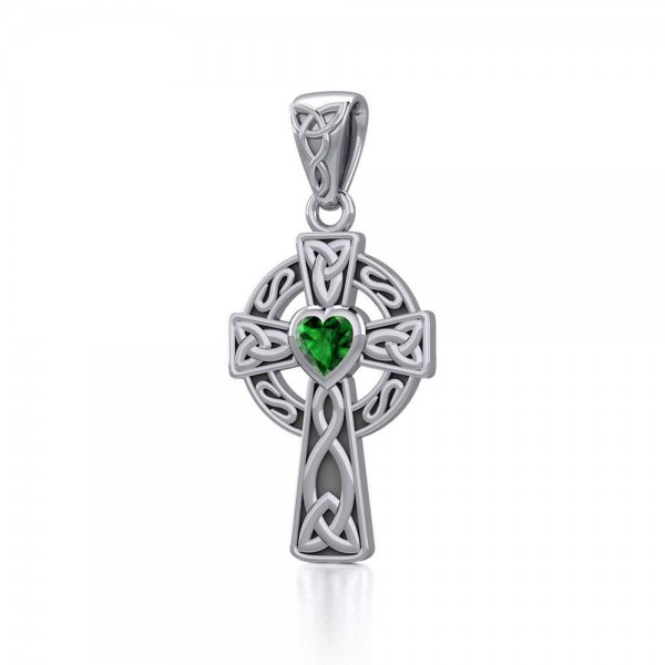 Pendentif en argent croix celtique avec pierre précieuse de cœur