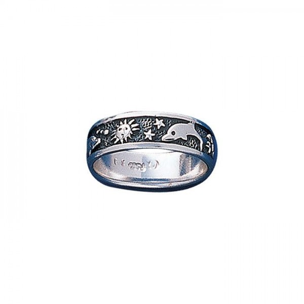 Silver Dolphin Sun and Star Ring