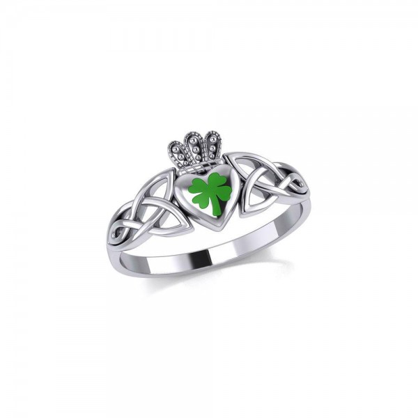 Celtic Claddagh with Lucky Four Leaf Clover Silver Ring with Enamel