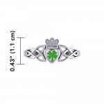 Celtic Claddagh with Lucky Four Leaf Clover Silver Ring with Enamel