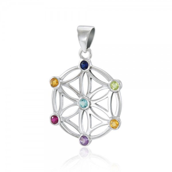 Flower Of Life Silver Pendant with Chakra Gemstone