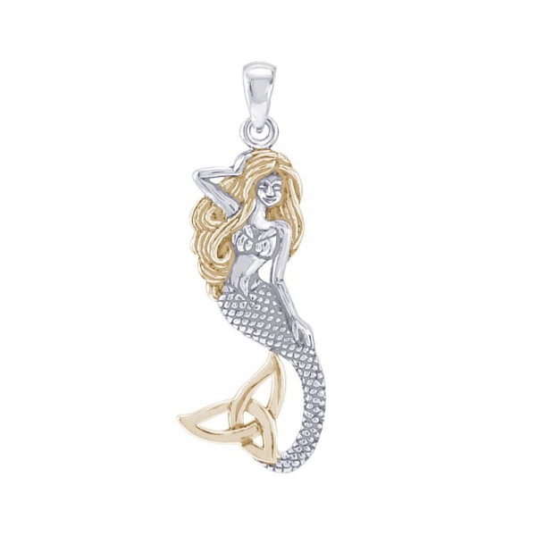 Mermaid Goddess with Gold Trinity Knot Tail Sterling Silver Pendant