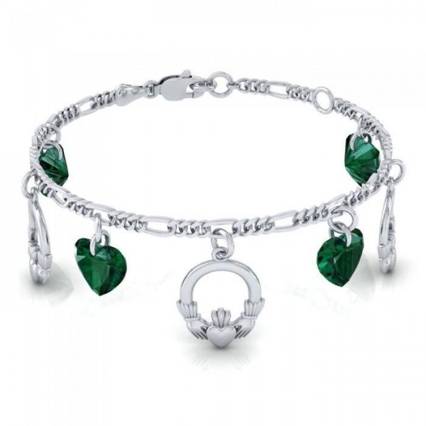 Claddagh irlandais avec bracelet en argent cœurs en verre émeraude