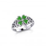 Celtic with Lucky Four Leaf Clover Silver Ring with Enamel