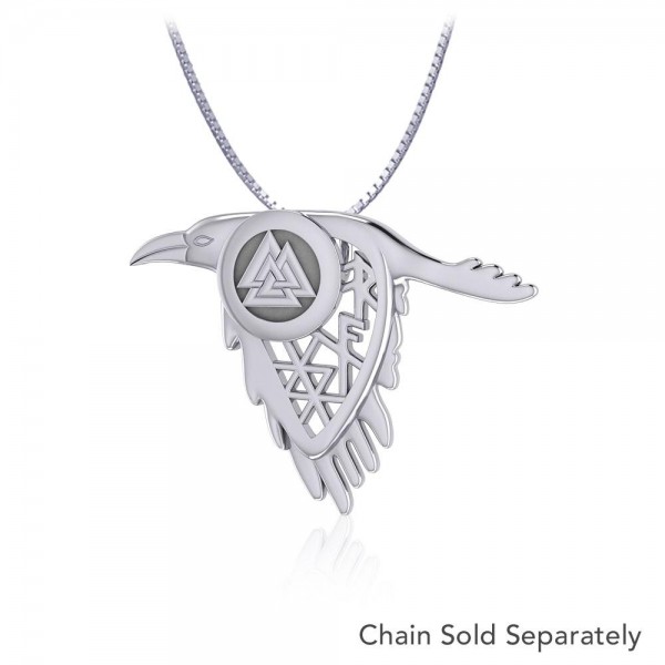 Odin Raven and Spirit Rune Silver Pendant