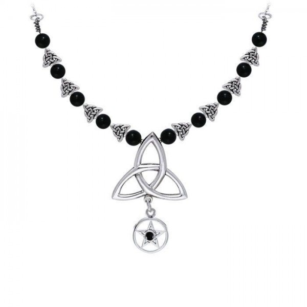 Celtic Knot Goddess Morrigan Pentagram Necklace TNC413P  with Natural Black Obsidian