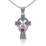 Celtic Cross and Irish Claddagh Silver Pendant with Heart Gemstone
