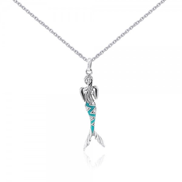 Silver Mermaid with Enamel and Gemstone Pendant and Chain Set