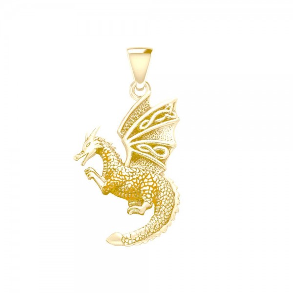 Flying Dragon with Celtic Wing Solid Gold Pendant