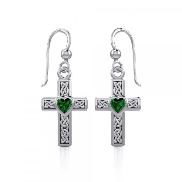 Celtic Cross Silver Earrings with Heart Gemstone