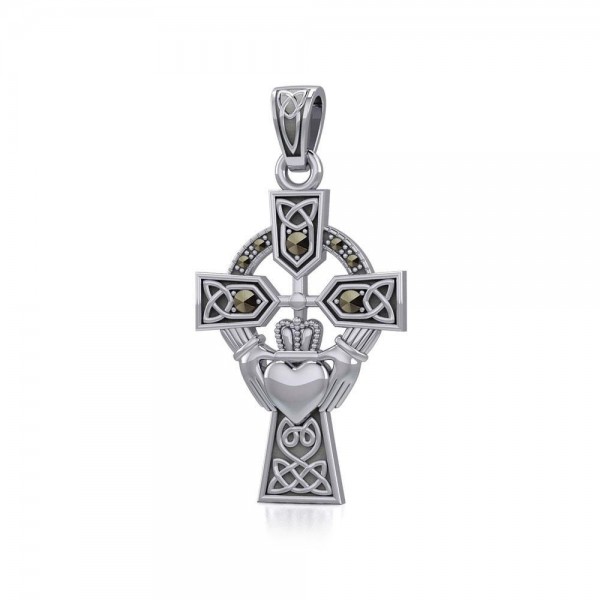 Croix celtique et pendentif irlandais en argent Claddagh avec Marcasite